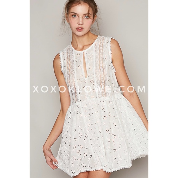 POL Off White Sleeveless Embroidered Eyelet Flounce Tunic Top - Picture 1 of 12